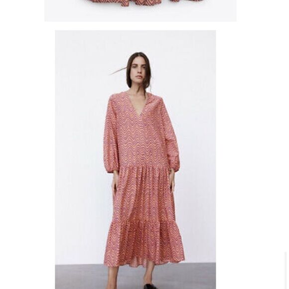 Zara V NECK PRINTED MIDI DRESS in 
COLOR SALMON Size M - Picture 7 of 7
